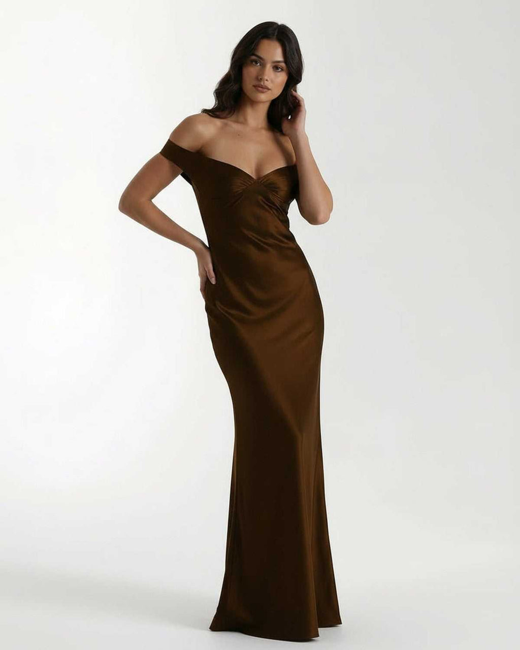 Sienna Maxi Dress - Brown satin dress with off-shoulder neckline by Lauven, showcasing a refined silhouette and soft sheen.