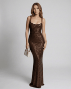 Sienna Maxi Dress - Brown sequin bodycon dress with U-neckline and open back, exuding elegance by Lauven.