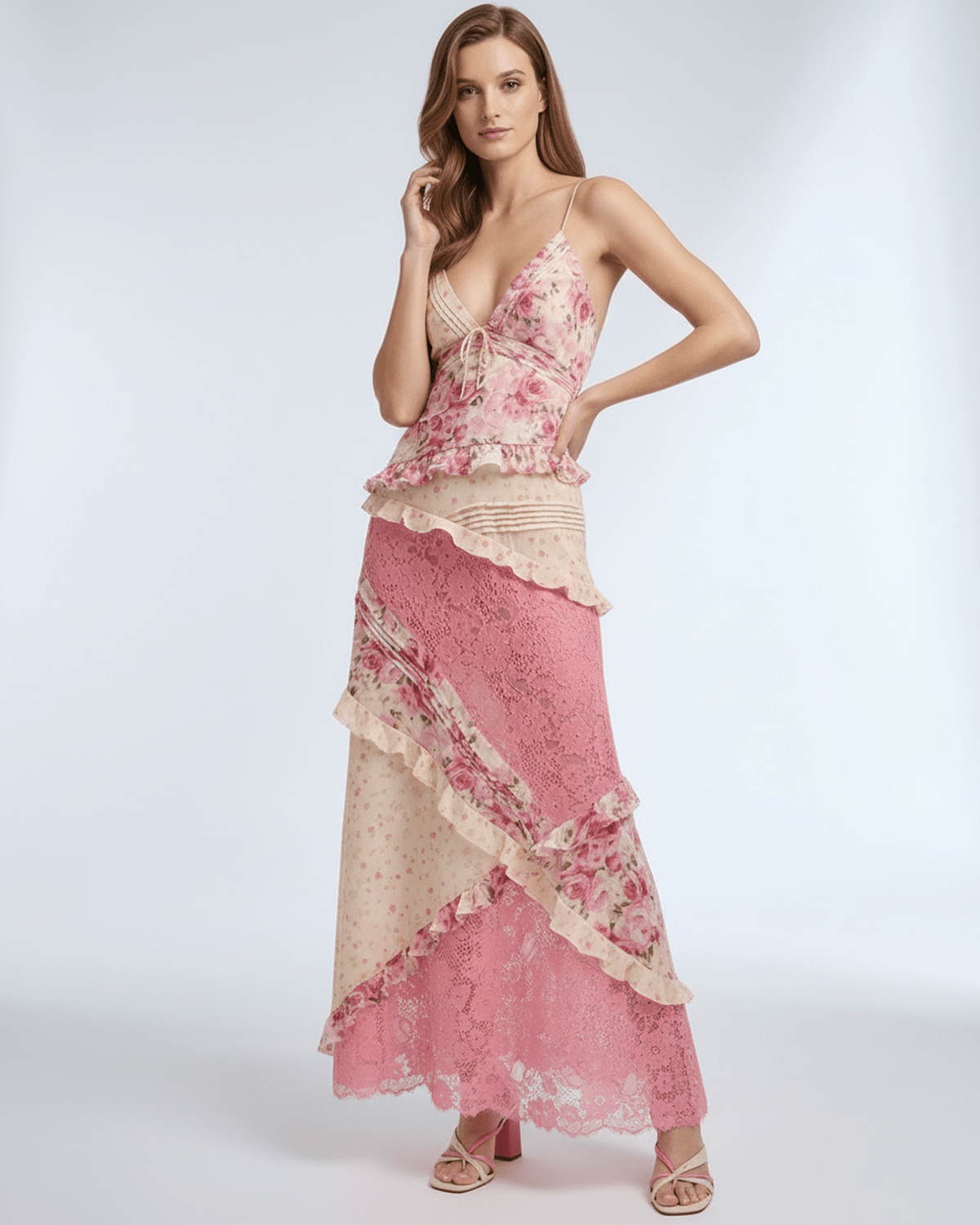 Sienna Maxi Dress featuring floral lace, ruffles, V-neck design, soft pink tones by Lauven for a romantic look.