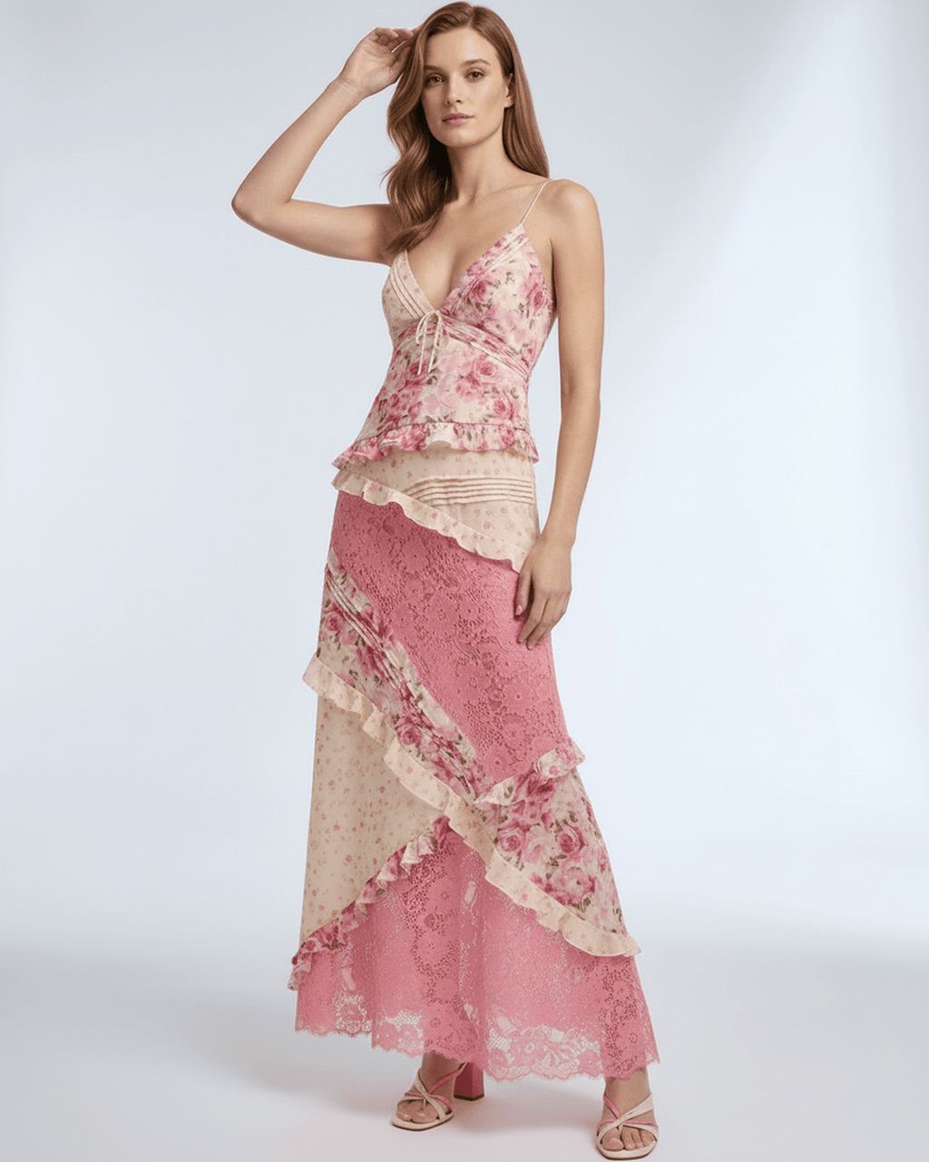 Sienna Maxi Dress featuring floral lace, ruffle v-neck, feminine layers in soft pink from Lauven brand.