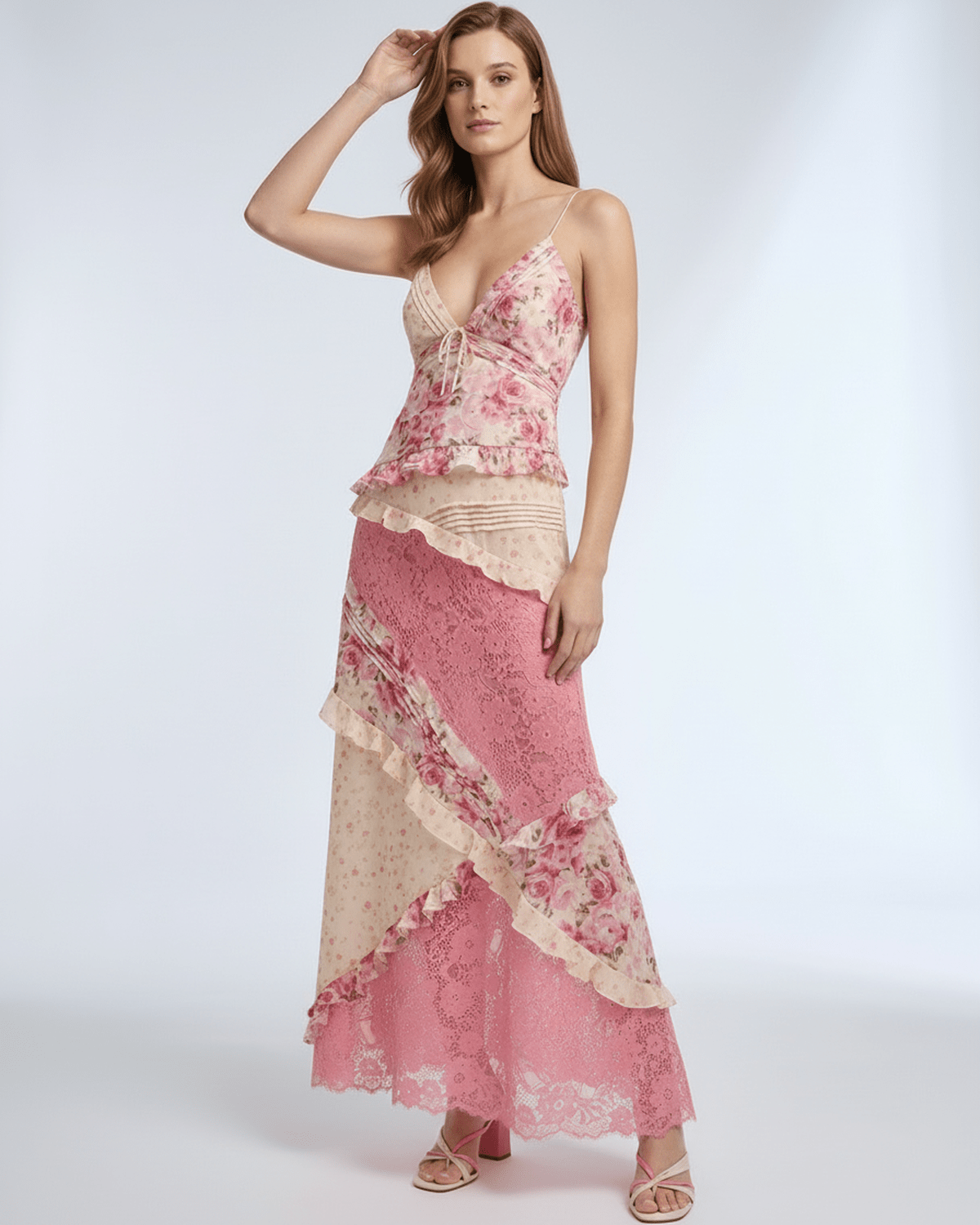 Sienna Maxi Dress featuring floral lace, ruffle v-neck, feminine layers in soft pink from Lauven brand.