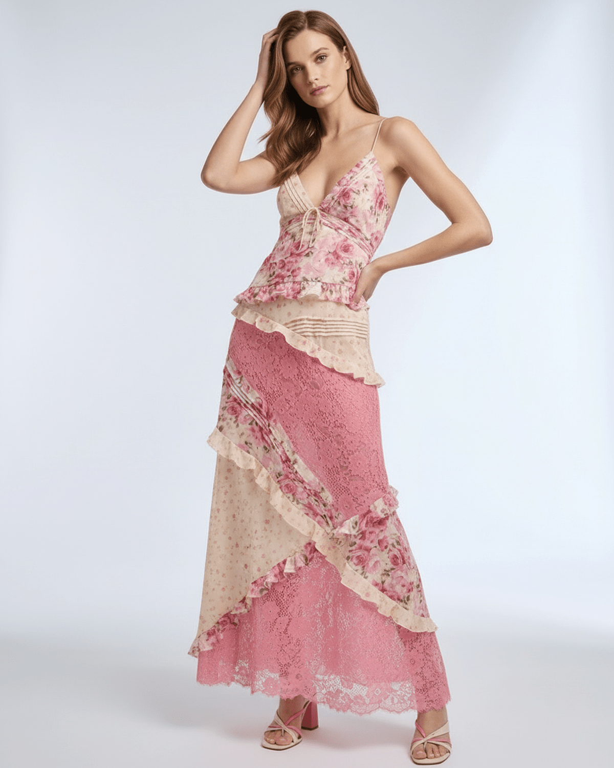 Sienna Maxi Dress - Floral Lace Ruffle V-Neck Maxi Dress by Lauven, featuring romantic layers and a soft pink palette.