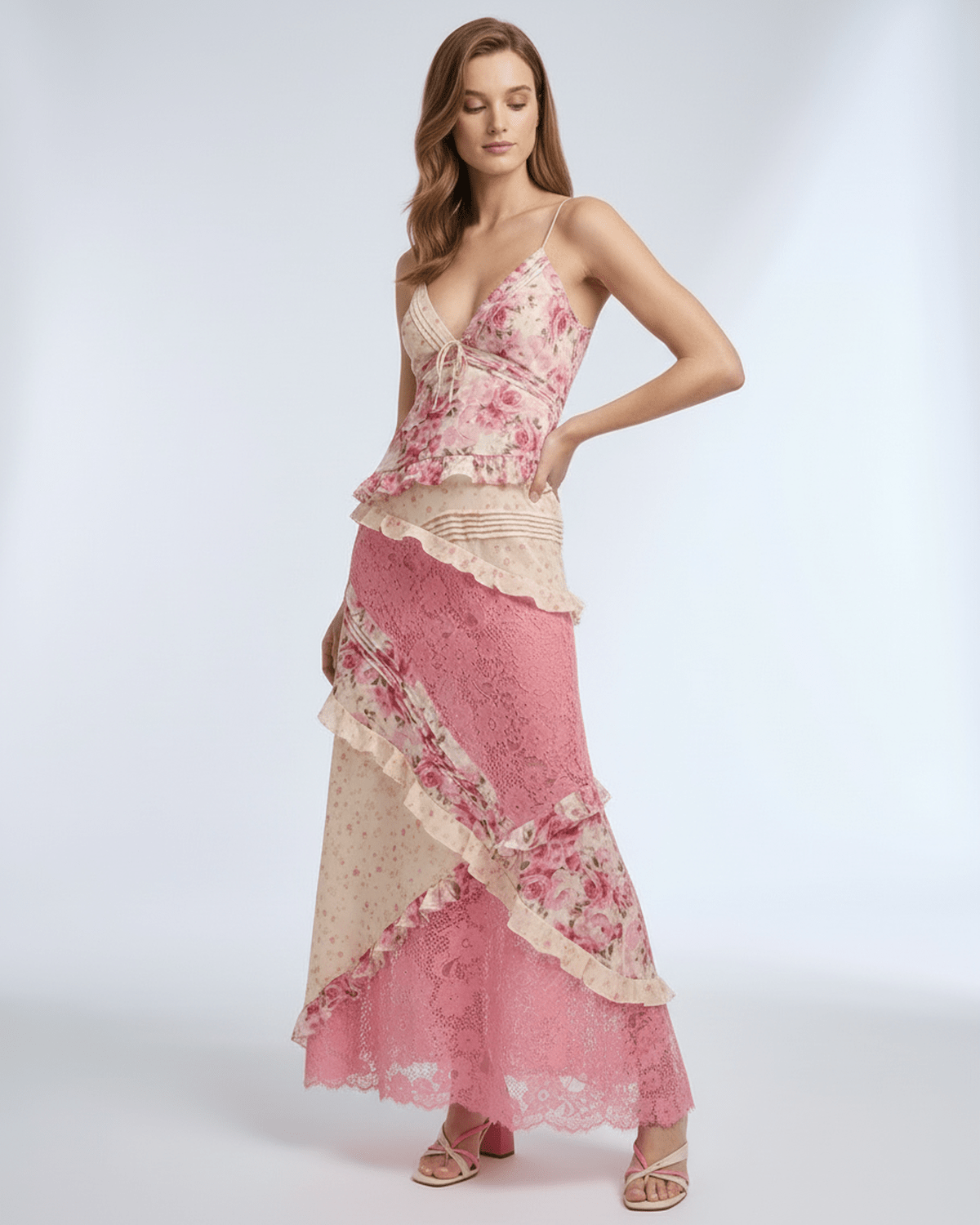 Sienna Maxi Dress featuring floral lace, ruffle V-neck, soft pink palette by Lauven, perfect for a romantic look.