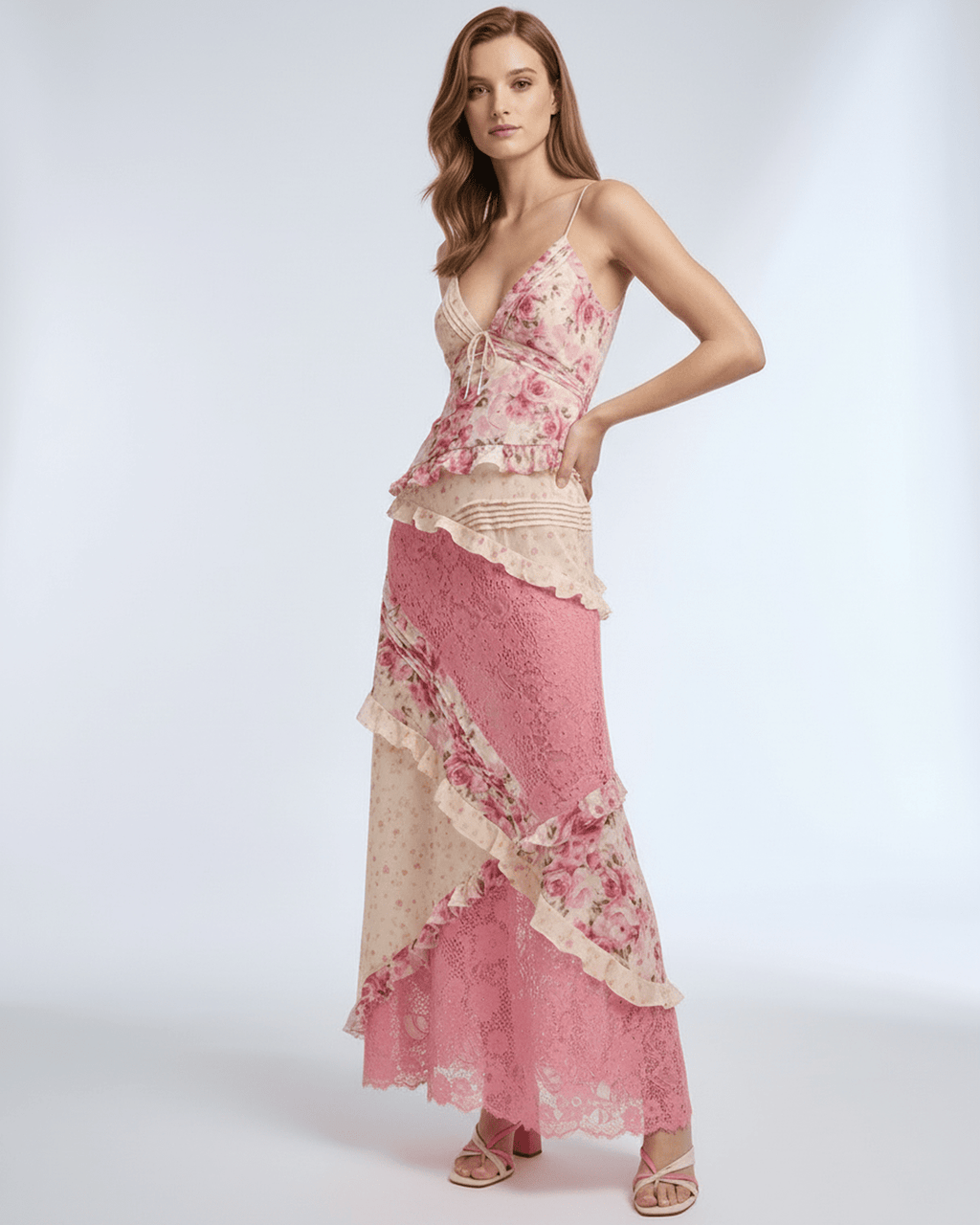 Sienna Maxi Dress featuring floral lace, ruffle V-neck, lightweight fabric for a romantic look by Lauven.