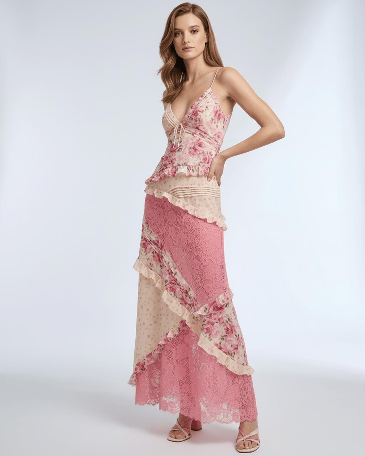 Sienna Maxi Dress featuring floral lace, ruffle V-neck, lightweight fabric for a romantic look by Lauven.