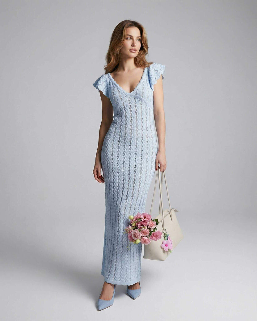 Sienna Maxi Dress by Lauven - Light blue lace dress with V-neck and ruffle sleeves, perfect for elegant occasions.