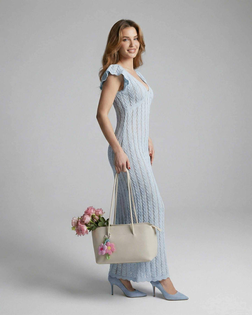 Sienna Maxi Dress by Lauven - Light blue lace dress with V-neck and ruffle sleeves, perfect for elegant occasions.