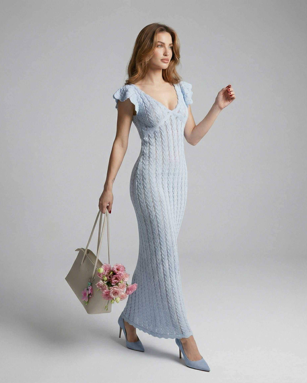 Sienna Maxi Dress by Lauven - Elegant light blue lace dress with ruffle sleeves, V-neckline, and stylish silhouette.