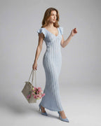 Sienna Maxi Dress by Lauven - Elegant light blue lace dress with ruffle sleeves, V-neckline, and stylish silhouette.