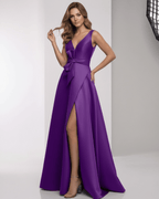 Sienna Maxi Dress: Purple satin A-Line dress with wrap slit, bow waist, and elegant V-neck by Lauven.