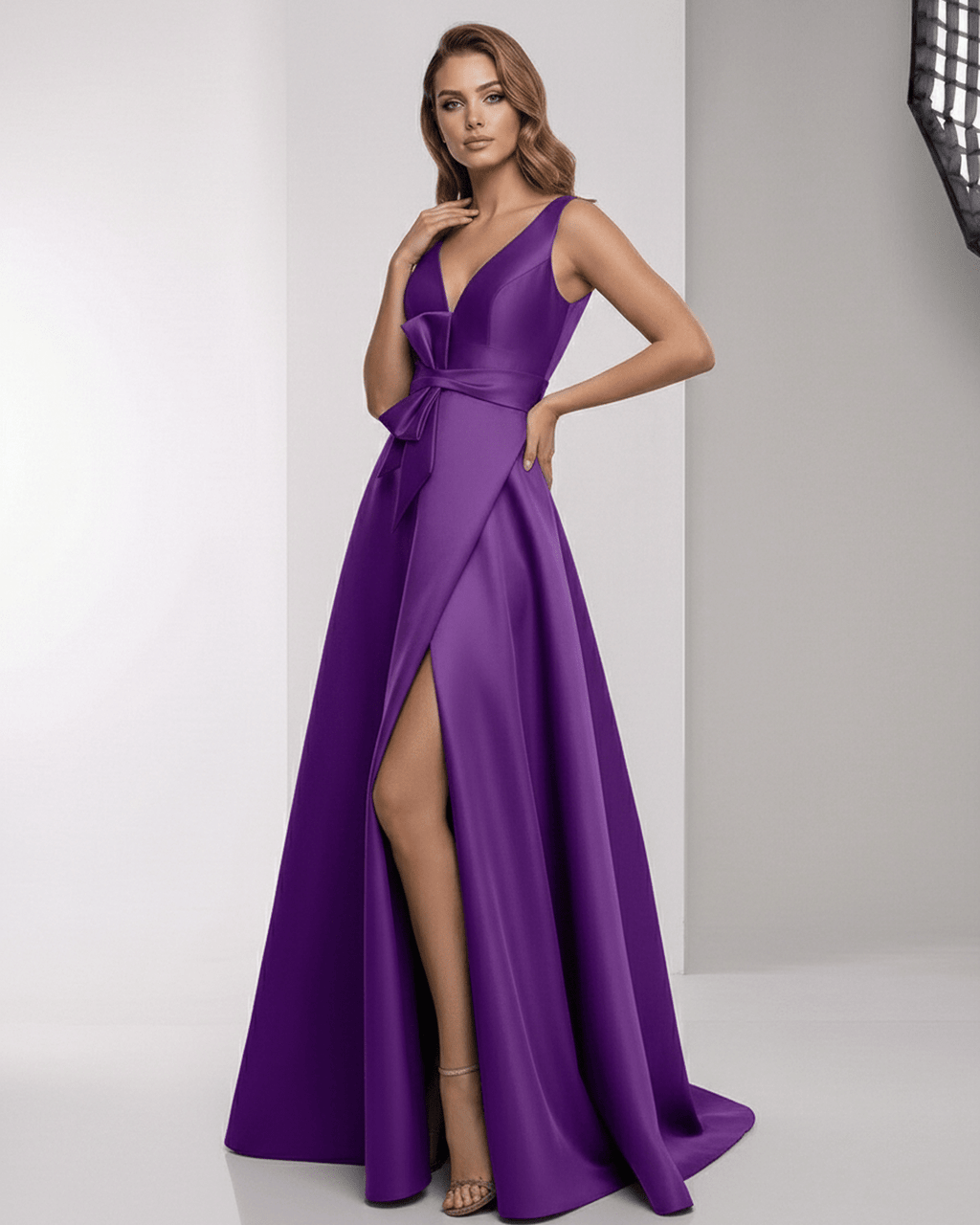 Sienna Maxi Dress - Purple satin A-line design with wrap slit and bow waist by Lauven.