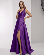 Sienna Maxi Dress - Purple satin A-line design with wrap slit and bow waist by Lauven.