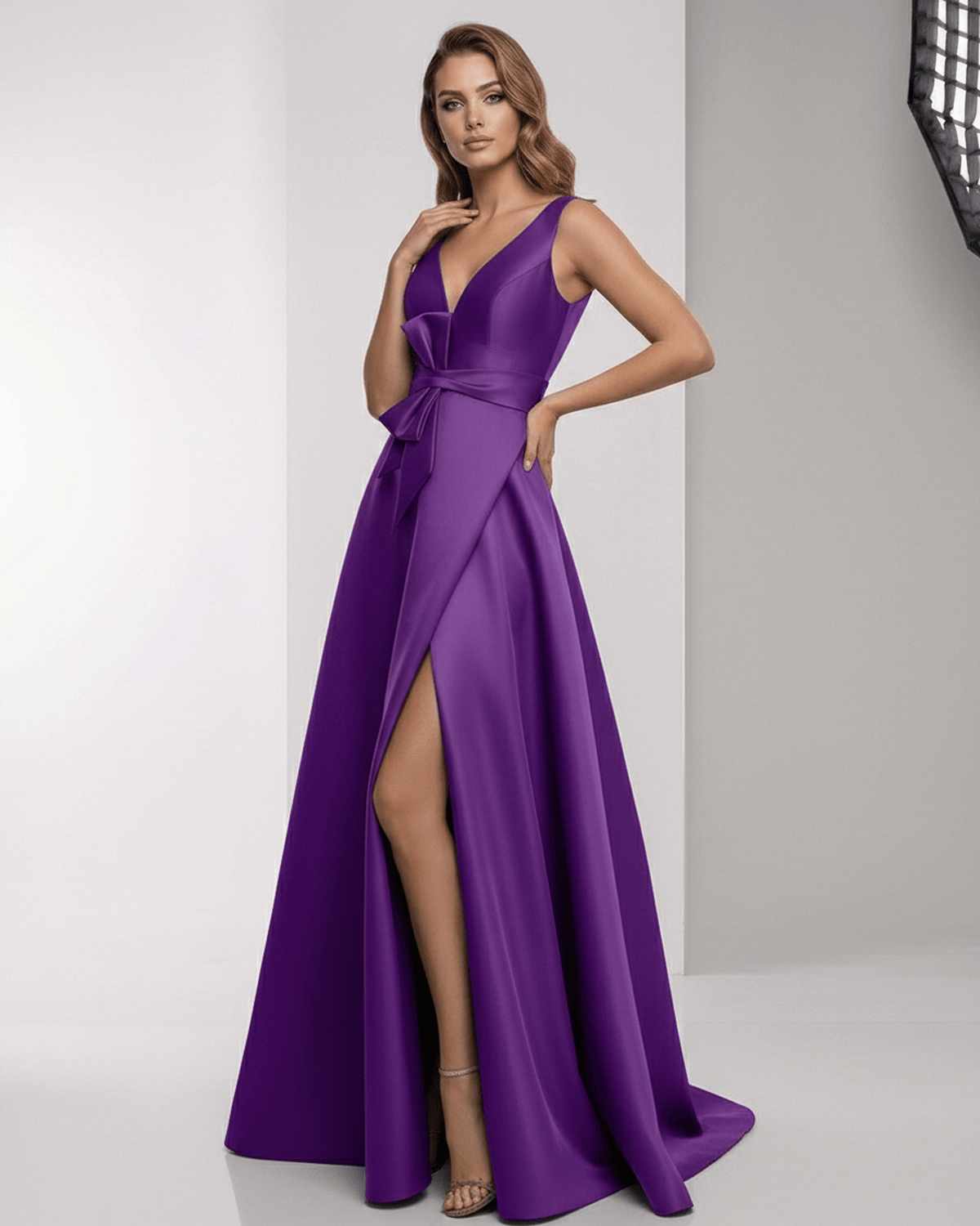 Sienna Maxi Dress - Purple satin A-line design with wrap slit and bow waist by Lauven.