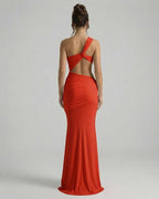 Sienna Maxi Dress - Red backless dress with asymmetrical draping and sleek fit by Lauven.