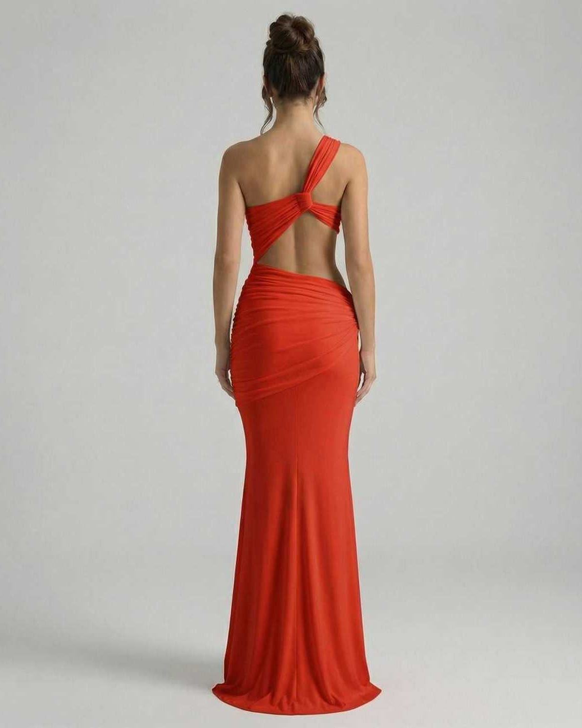 Sienna Maxi Dress - Red backless dress with asymmetrical draping and sleek fit by Lauven.