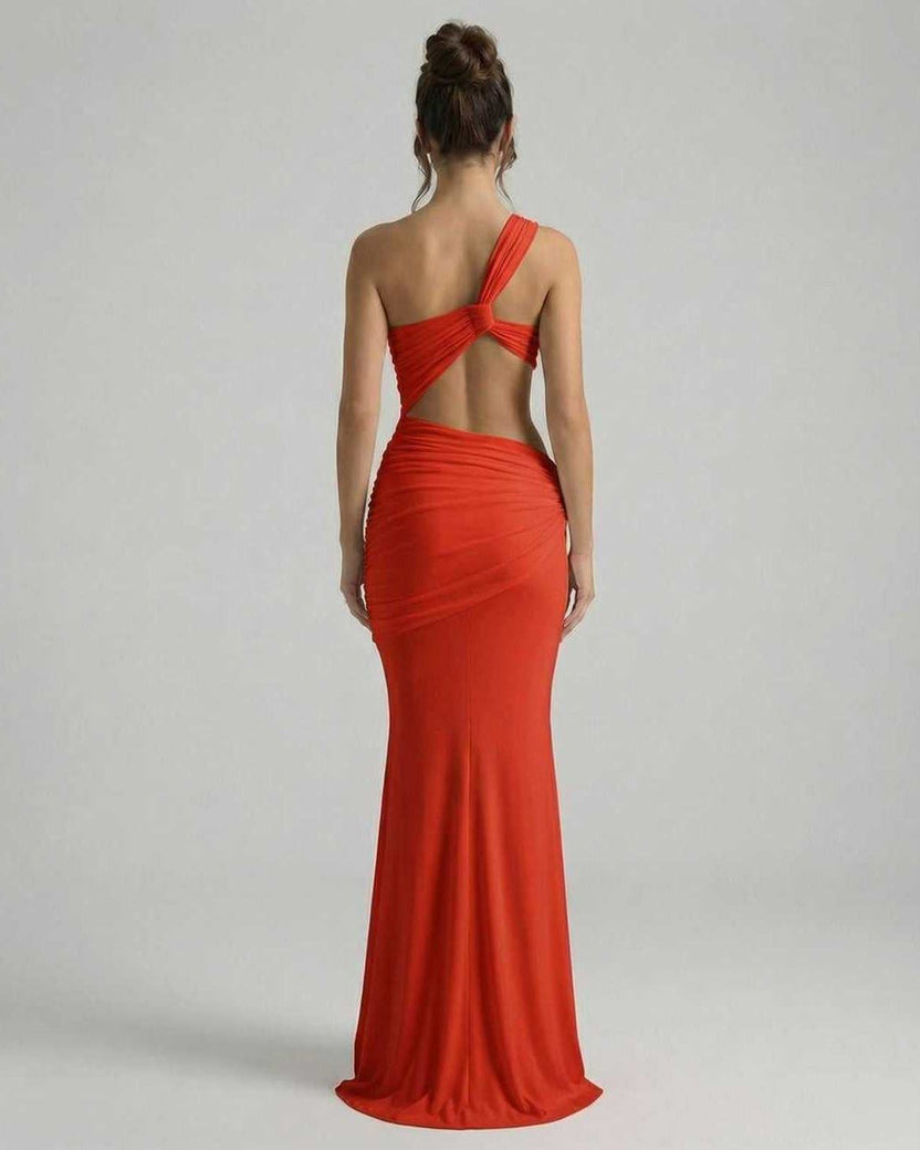 Sienna Maxi Dress - Red backless dress with asymmetrical draping and sleek fit by Lauven.