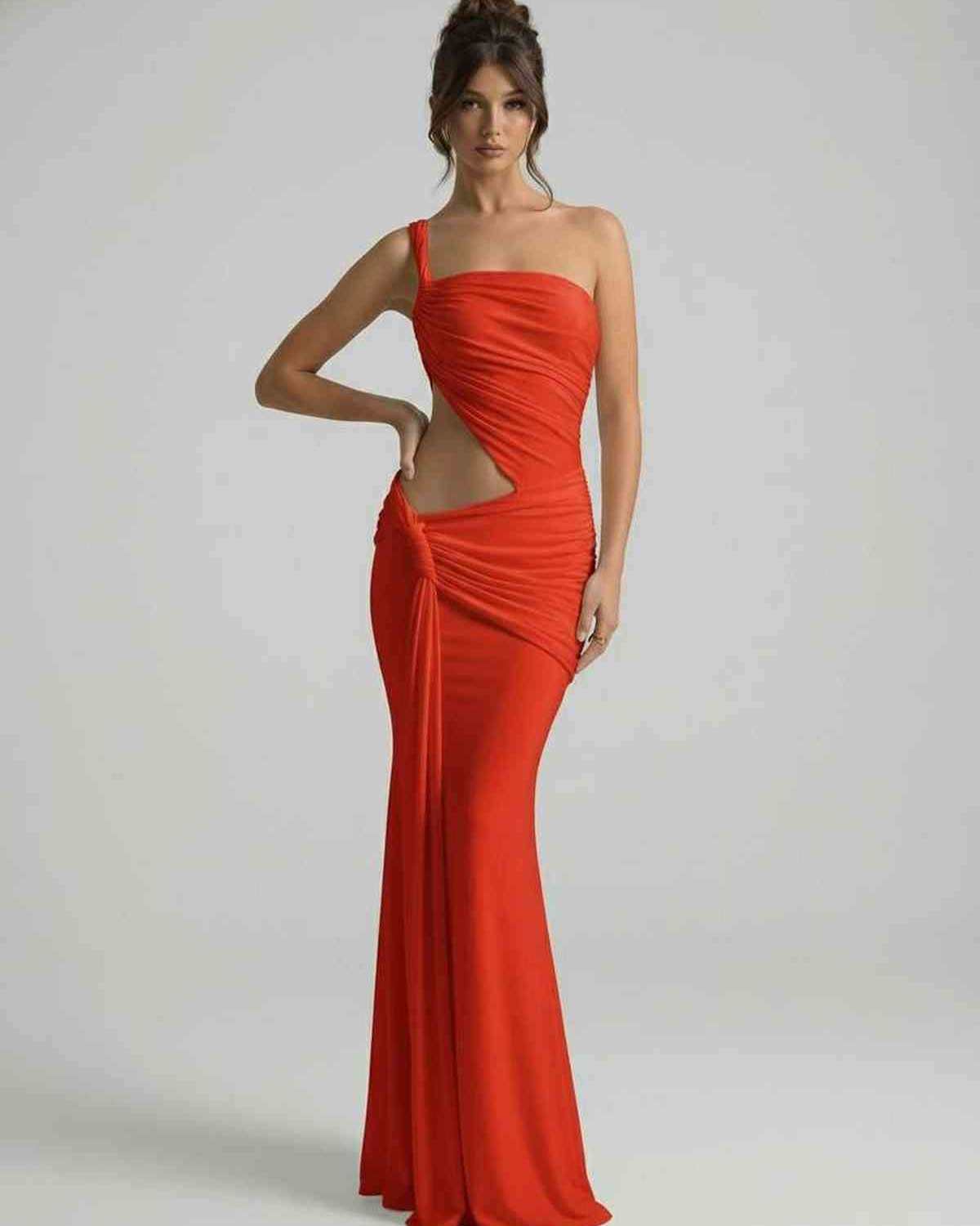 Sienna Maxi Dress - Red maxi dress with asymmetrical draping, backless design, by Lauven, providing a sleek and modern feel.