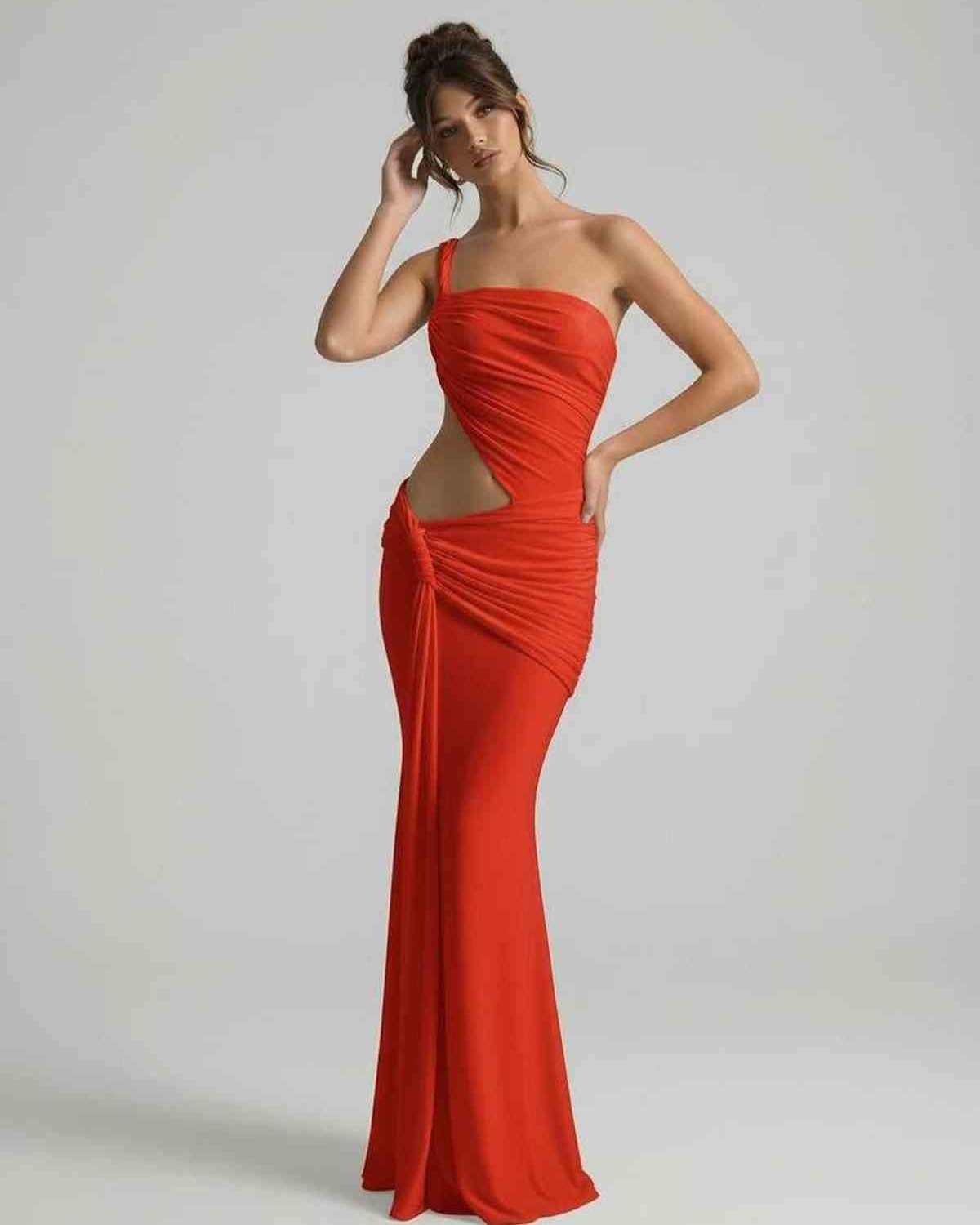 Sienna Maxi Dress - stunning red dress with asymmetrical draping and backless silhouette from Lauven.