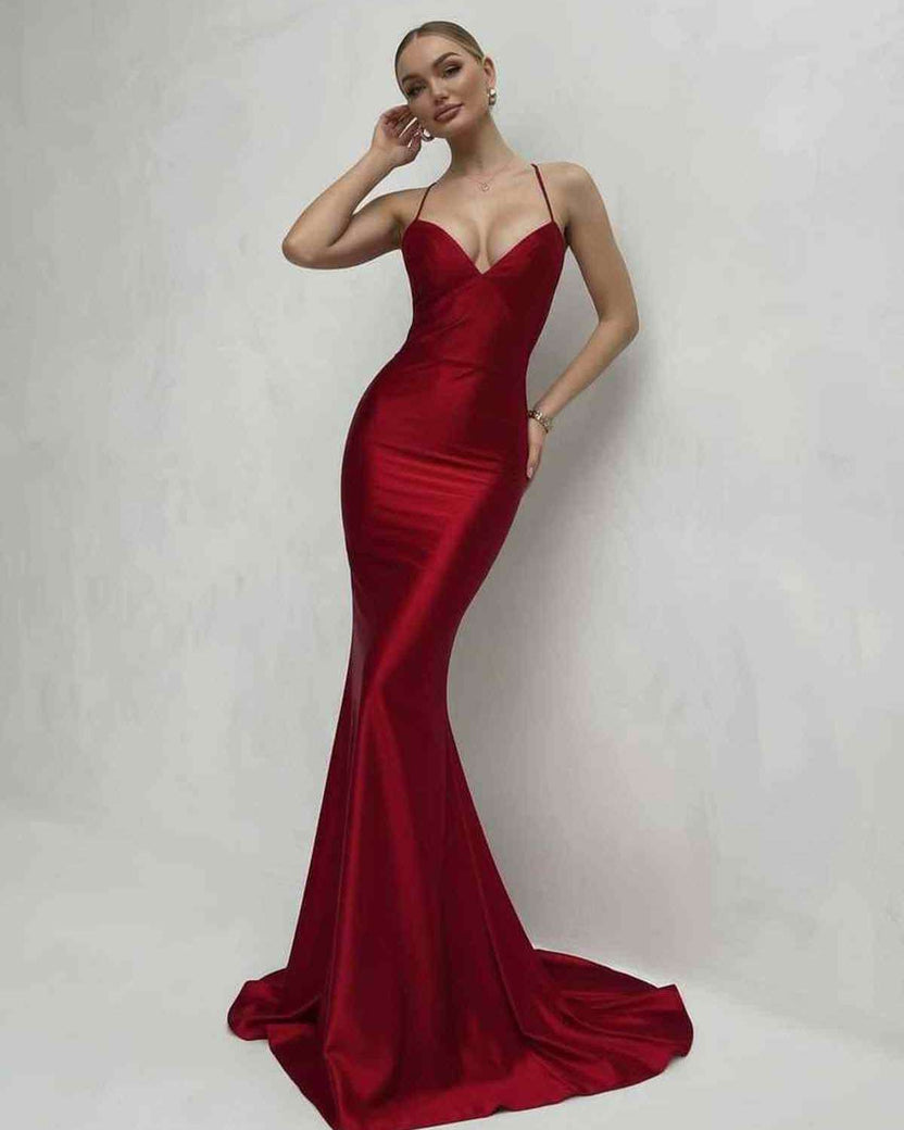 Sienna Maxi Dress in red satin, featuring lace-up back and V-neck silhouette, by Lauven, exuding elegance and style.