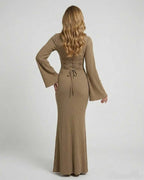 Sienna Maxi Dress - Ribbed Knit Long Sleeve Elegant Maxi Dress by Lauven, showcasing a fitted silhouette and stylish bell sleeves.