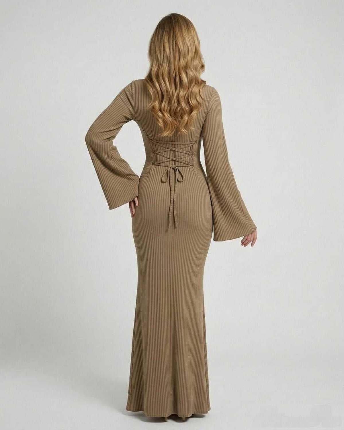 Sienna Maxi Dress - Ribbed Knit Long Sleeve Elegant Maxi Dress by Lauven, showcasing a fitted silhouette and stylish bell sleeves.