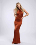 Sienna Maxi Dress - Elegant rust satin with halter neck and open back for formal events by Lauven.
