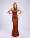 Sienna Maxi Dress featuring a rust satin finish, halter neck, open back, and elegant styling by Lauven.