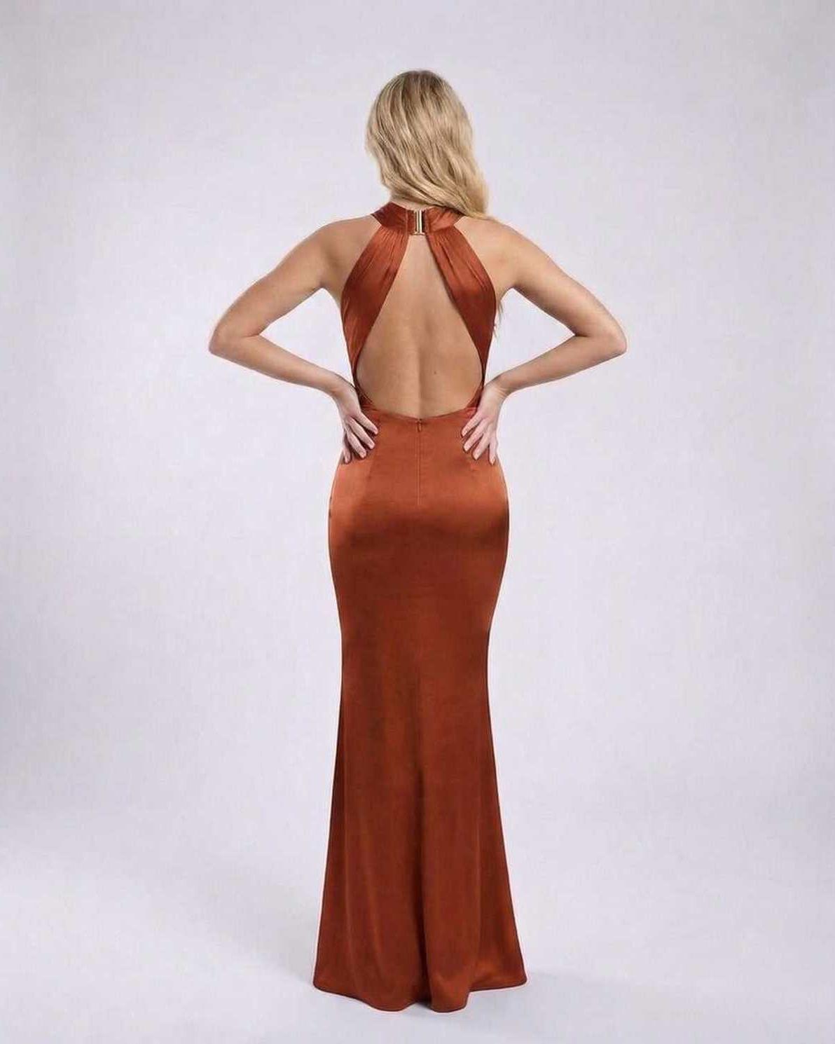 Sienna Maxi Dress - Rust satin halter neck dress with open back, showcasing elegance by Lauven for special occasions.