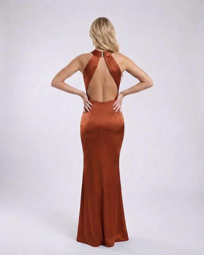 Sienna Maxi Dress - Rust satin halter neck dress with open back, showcasing elegance by Lauven for special occasions.