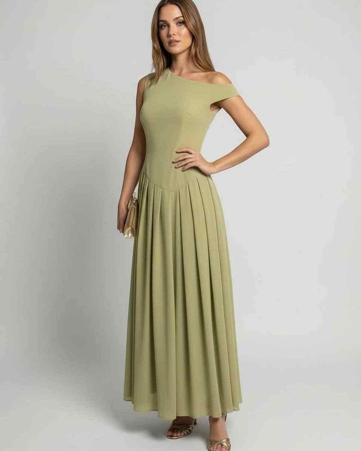 Sienna Maxi Dress – Sage Green One Shoulder Maxi Dress, Elegant A-Line Silhouette by Lauven.