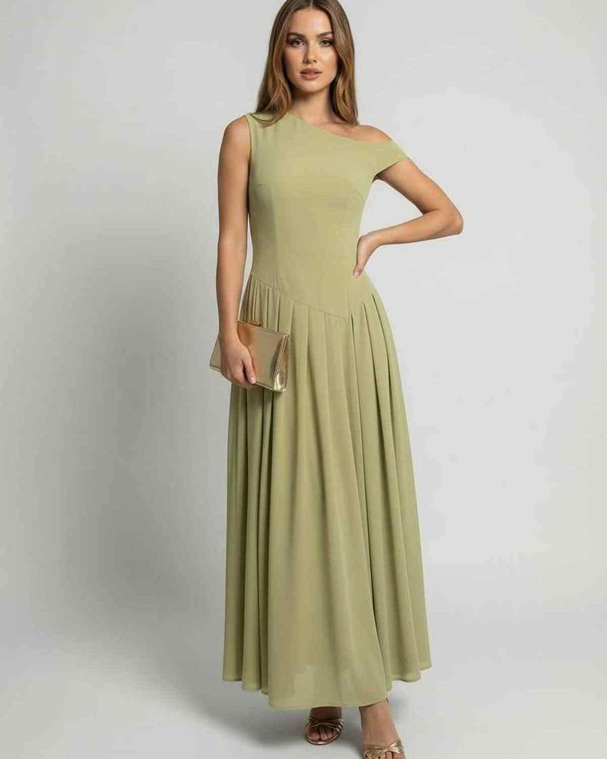 Sienna Maxi Dress in sage green, elegant one shoulder design, A-line silhouette by Lauven, perfect for graceful movement.