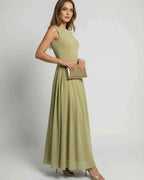 Sienna Maxi Dress in sage green, elegant one shoulder A-line style, crafted by Lauven, offering graceful movement and a polished look.