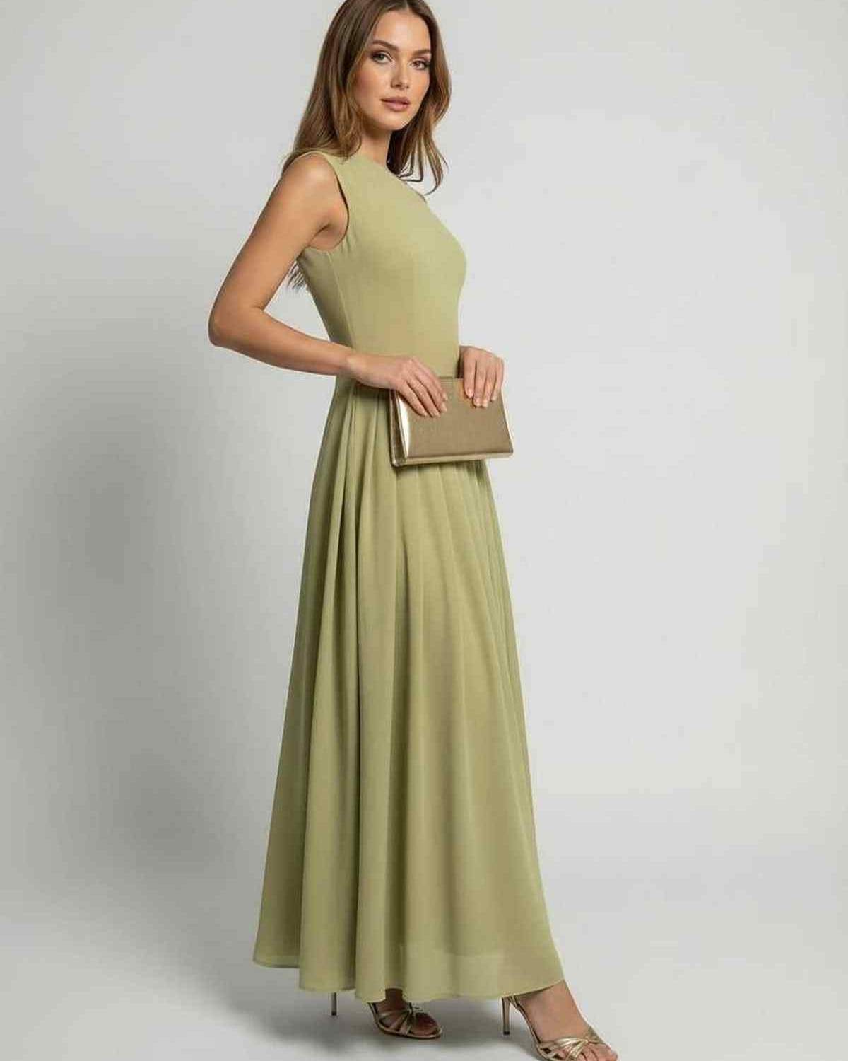Sienna Maxi Dress in sage green, elegant one shoulder A-line style, crafted by Lauven, offering graceful movement and a polished look.