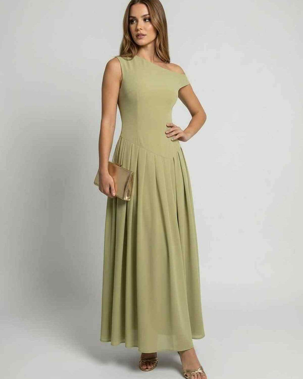 Sienna Maxi Dress in sage green with one shoulder design, A-line silhouette by Lauven, elegant and flowing style.