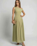 Sienna Maxi Dress in sage green with one shoulder design, A-line silhouette by Lauven, elegant and flowing style.
