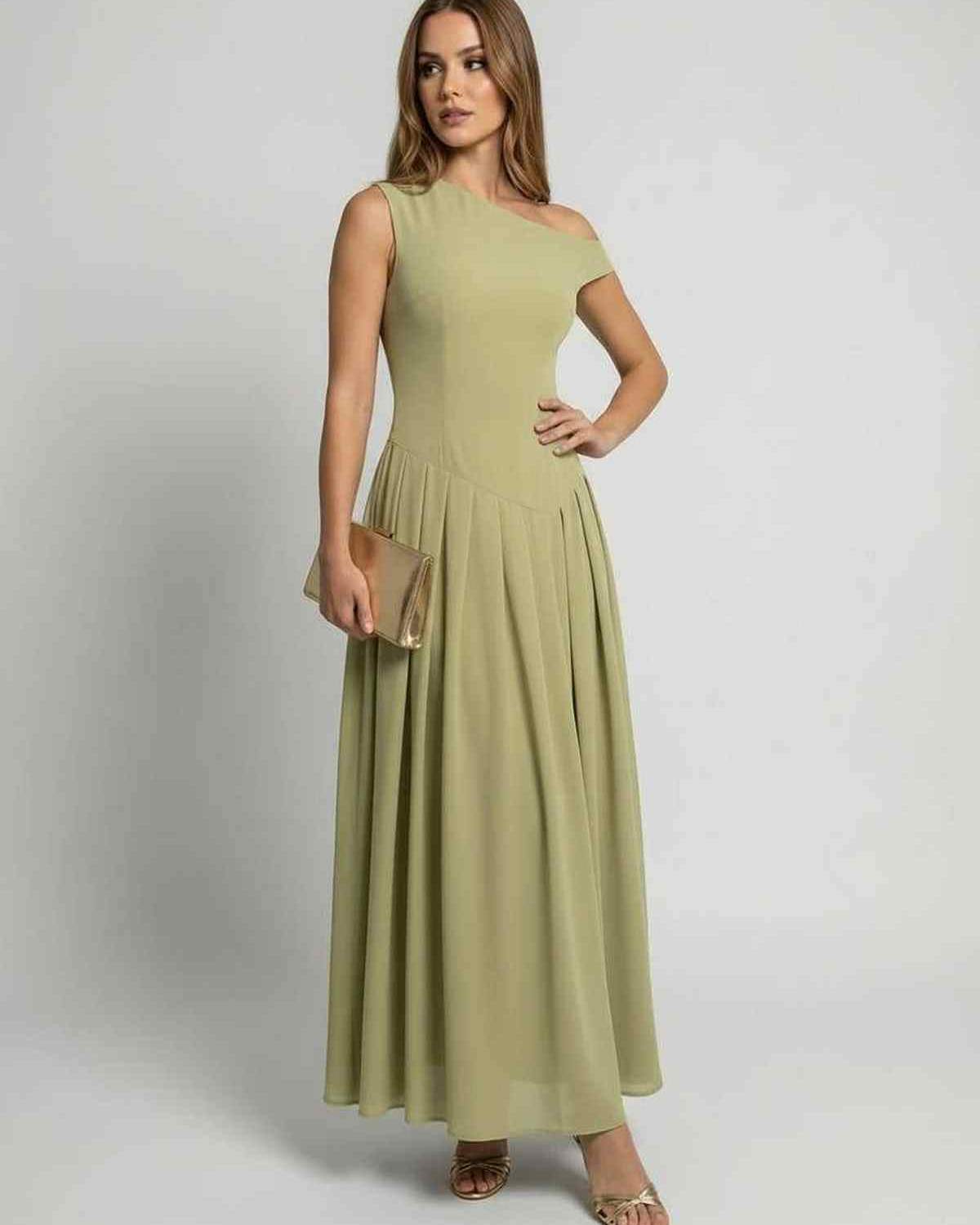 Sienna Maxi Dress in sage green with one shoulder design, A-line silhouette by Lauven, elegant and flowing style.