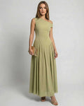 Sienna Maxi Dress - Elegant sage green one shoulder A-line dress by Lauven, offering graceful movement and a polished look.