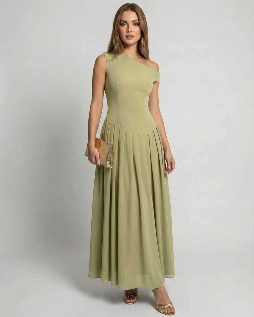 Sienna Maxi Dress - Elegant sage green one shoulder A-line dress by Lauven, offering graceful movement and a polished look.