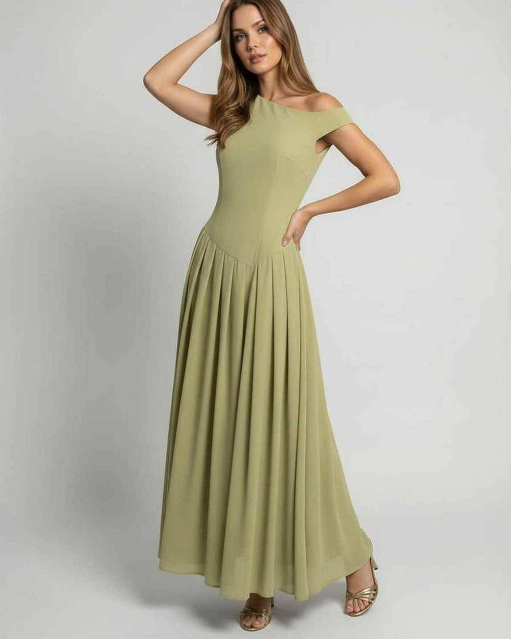Sienna Maxi Dress - Sage Green One Shoulder A-Line Dress by Lauven, featuring elegant flowing silhouette and graceful movement.