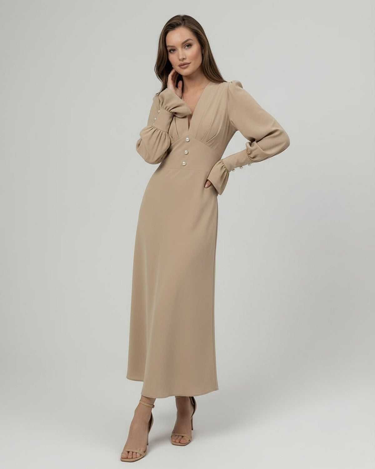 Sienna Midi Dress - Beige Midi Dress with long sleeves, flattering V-neckline by Lauven, perfect for elegant occasions.