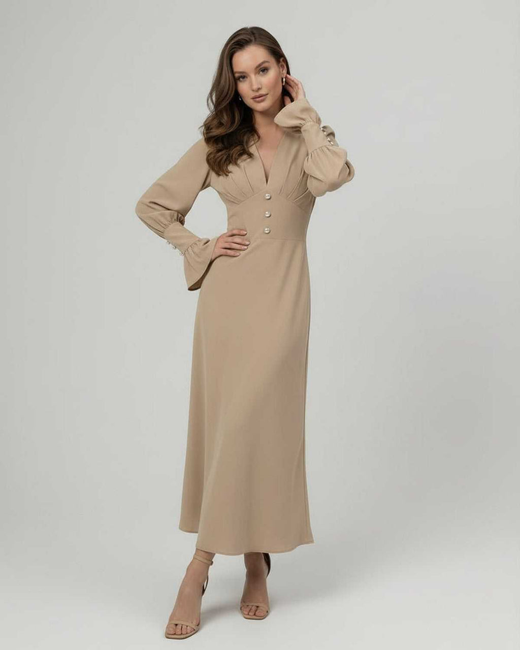 Sienna Midi Dress by Lauven, a beige long sleeve dress with a V-neck and sculpted waist, perfect for elegant occasions.
