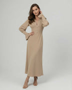 Sienna Midi Dress by Lauven, a beige long sleeve dress with a V-neck and sculpted waist, perfect for elegant occasions.