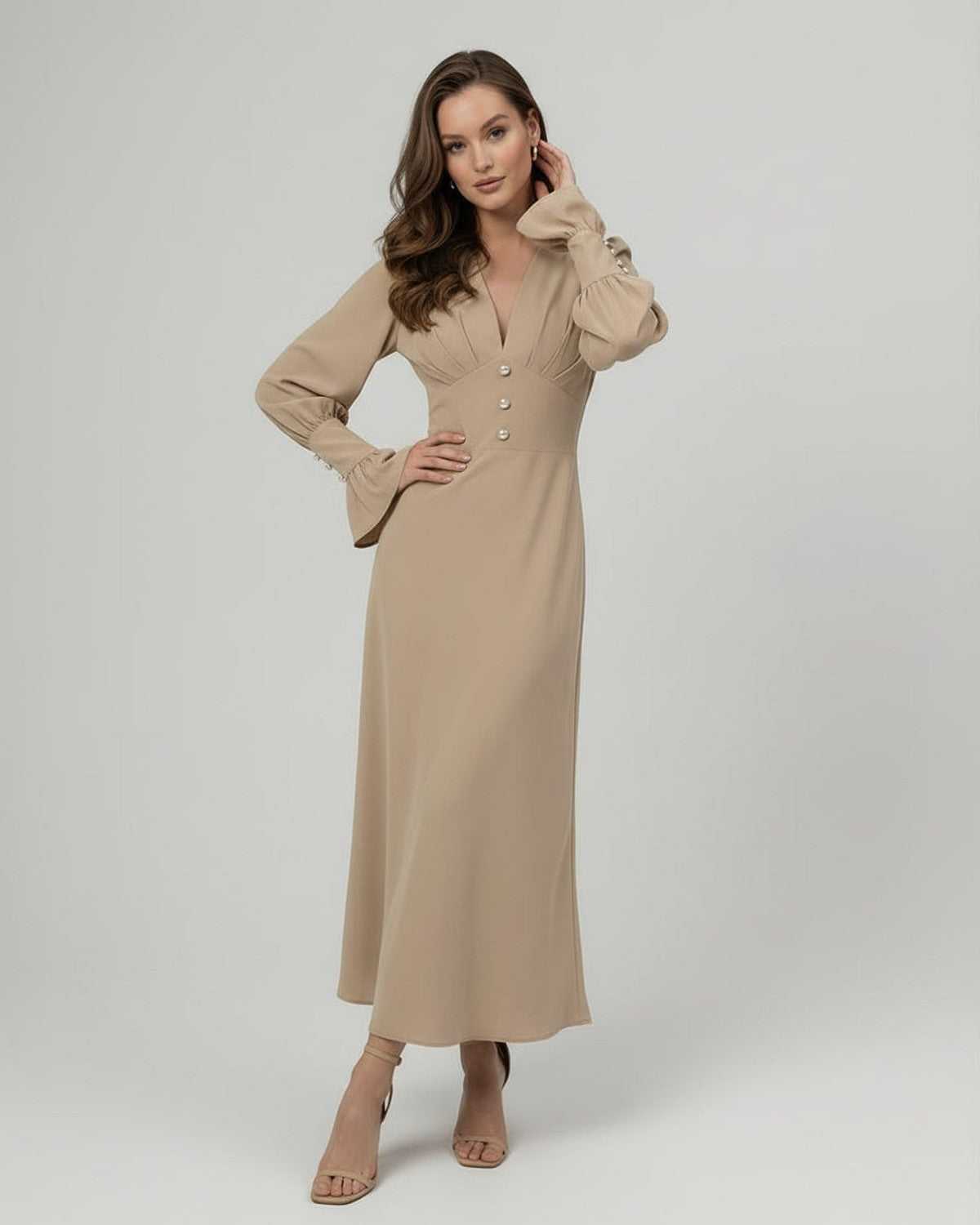 Sienna Midi Dress by Lauven, a beige long sleeve dress with a V-neck and sculpted waist, perfect for elegant occasions.
