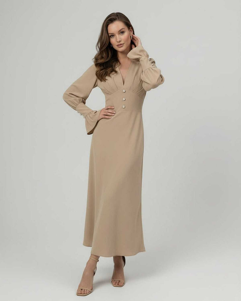 Sienna Midi Dress by Lauven, a beige long sleeve dress with a V-neck and sculpted waist, perfect for elegant occasions.