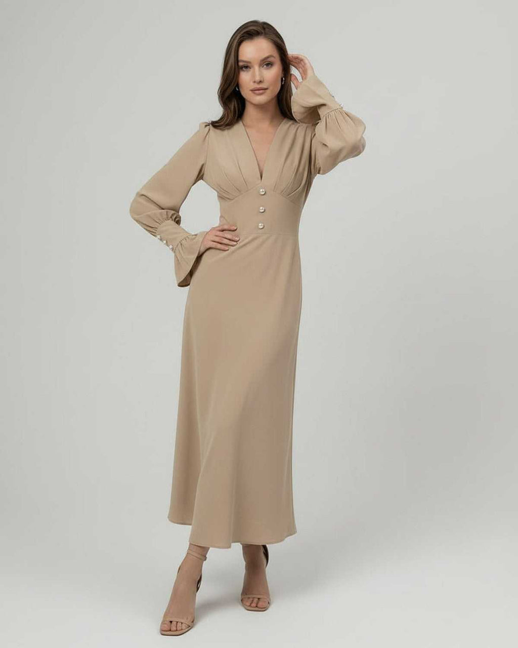 Sienna Midi Dress showcasing long sleeves and V-neckline in beige, designed by Lauven for elegant women's fashion.