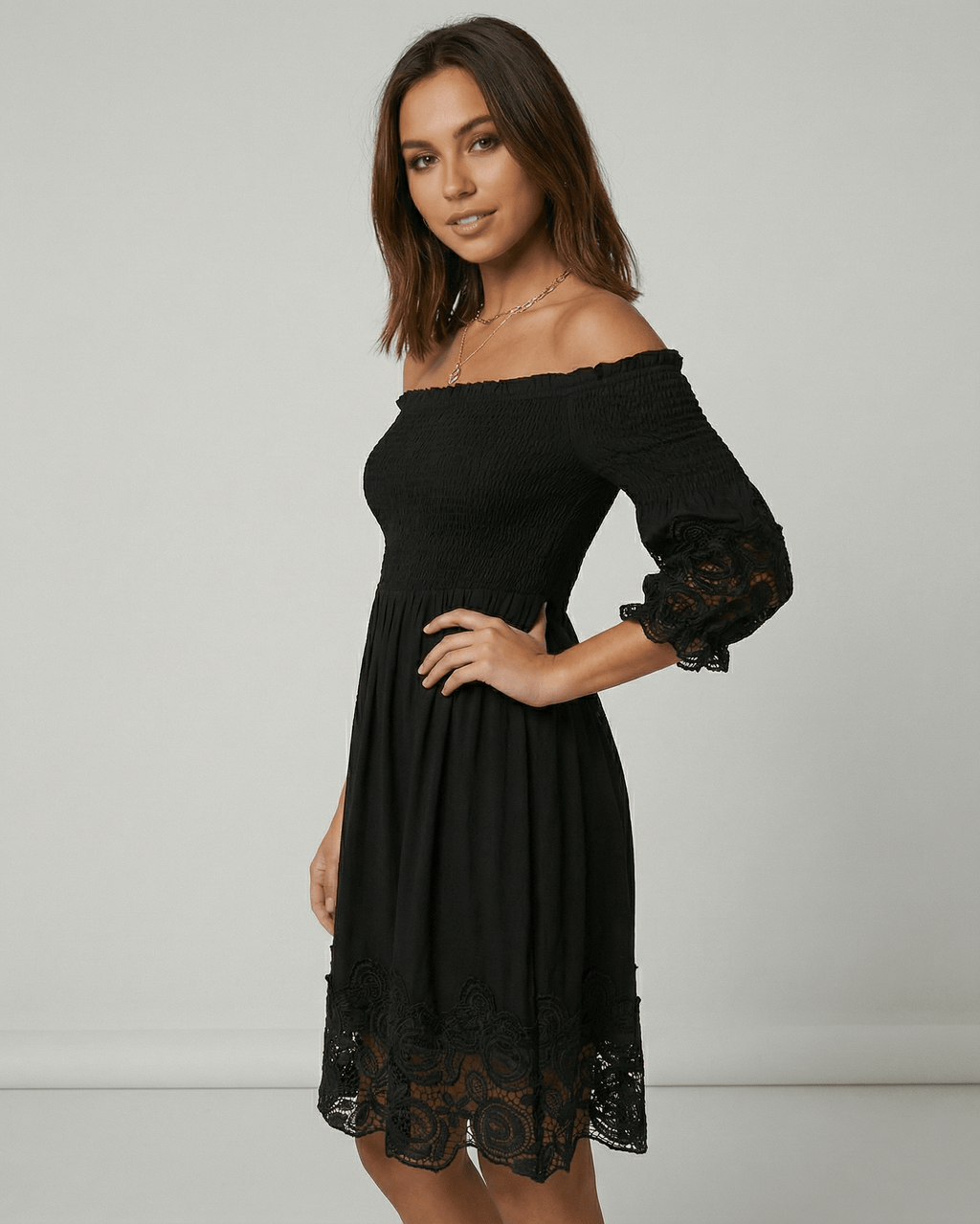 Sienna Midi Dress by Lauven, Women’s black off shoulder midi dress with lace detail and A-Line silhouette.