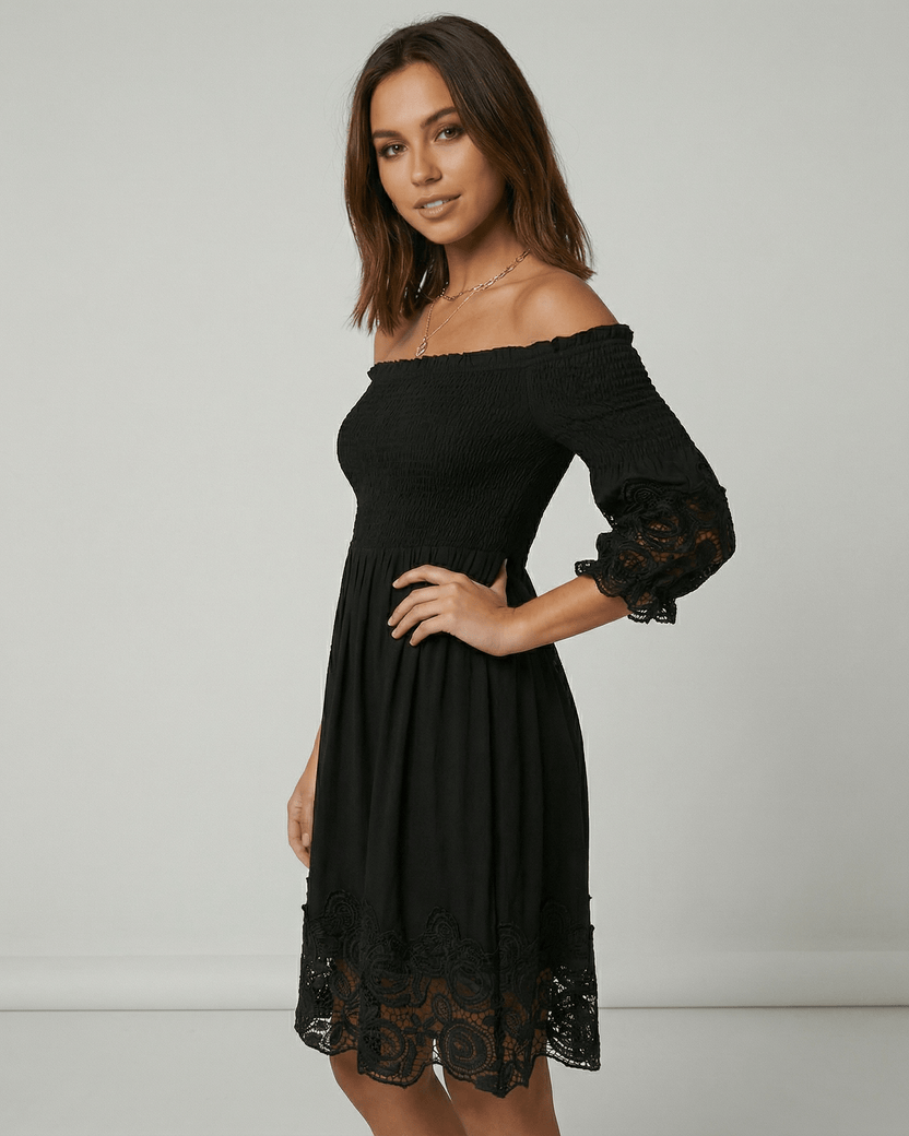 Sienna Midi Dress by Lauven, Women’s black off shoulder midi dress with lace detail and A-Line silhouette.