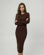 Sienna Midi Dress by Lauven, a ribbed long sleeve bodycon midi dress in a rich brown color.