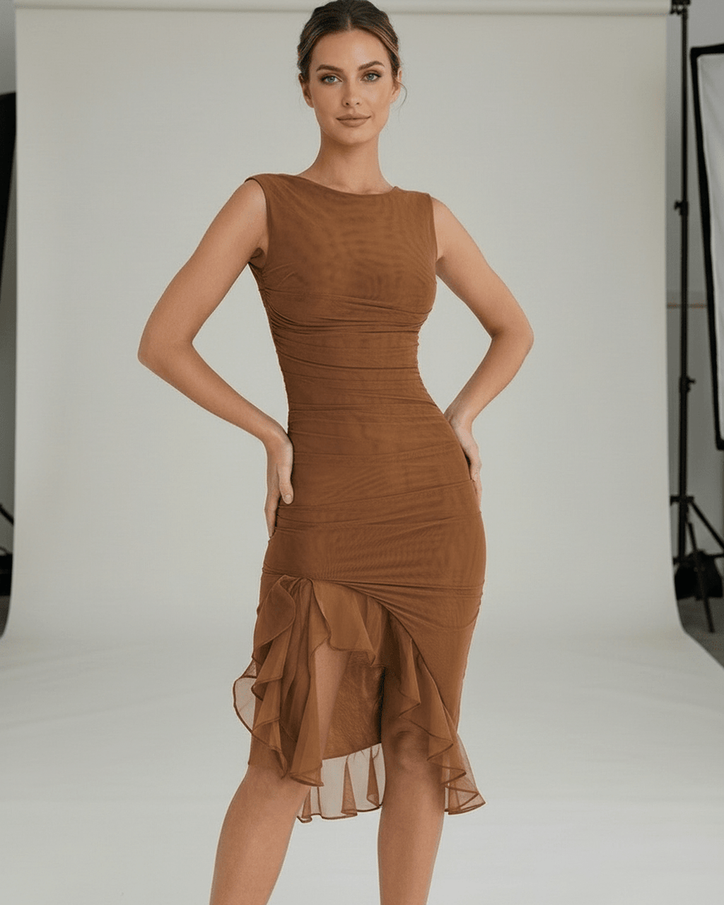 Sienna Midi Dress – Brown Ruched Midi Dress with Ruffle Hem, Sleeveless, by Lauven