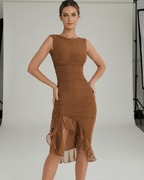 Sienna Midi Dress – Brown Ruched Midi Dress with Ruffle Hem, Sleeveless, by Lauven